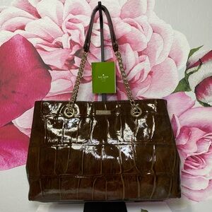 Kate Spade Croc Embossed Leather Tote in Chocolate Brown